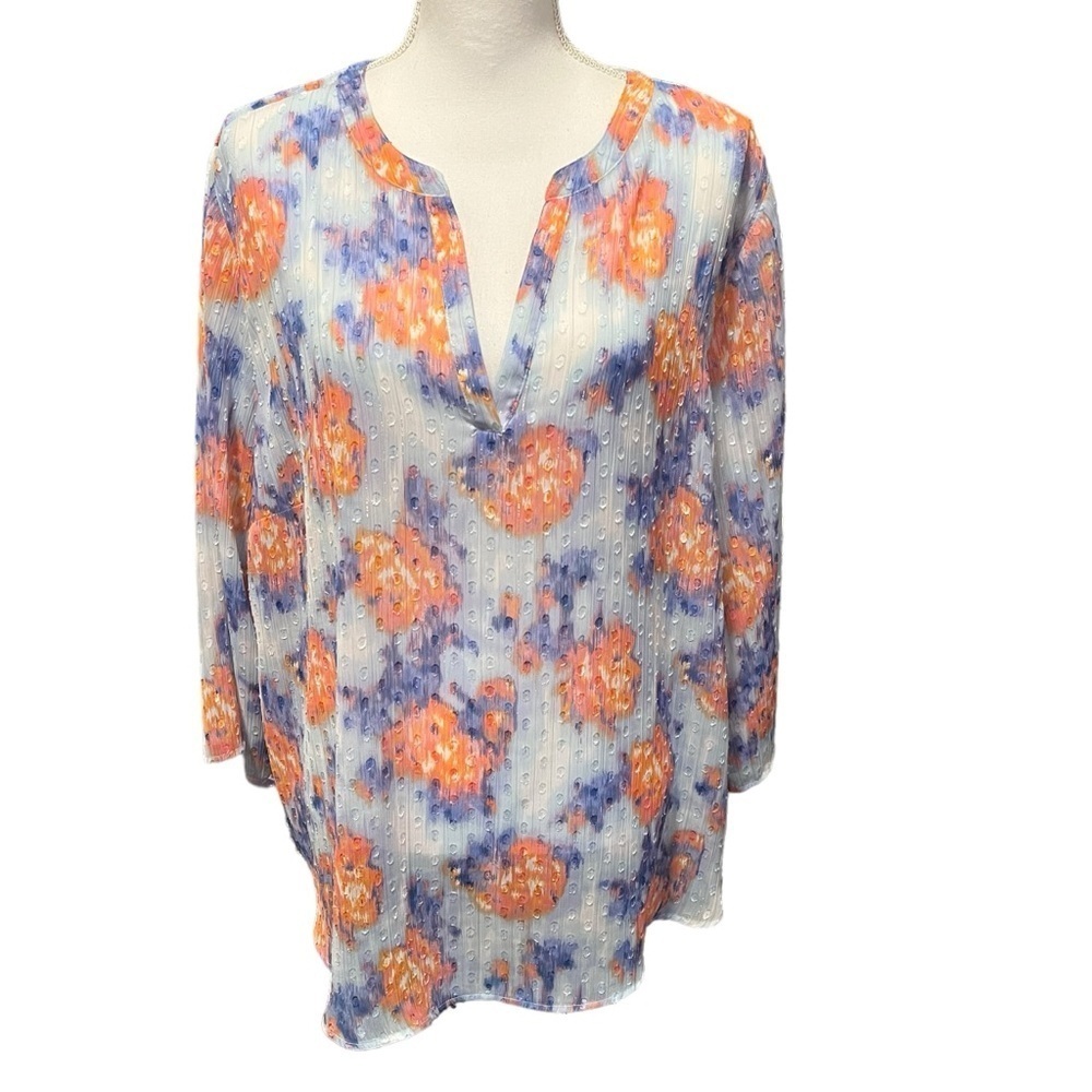 Chico’s Diffused‎ Floral Lurex Stripe Sheer Top Chico’s Size 3 aka XL/16